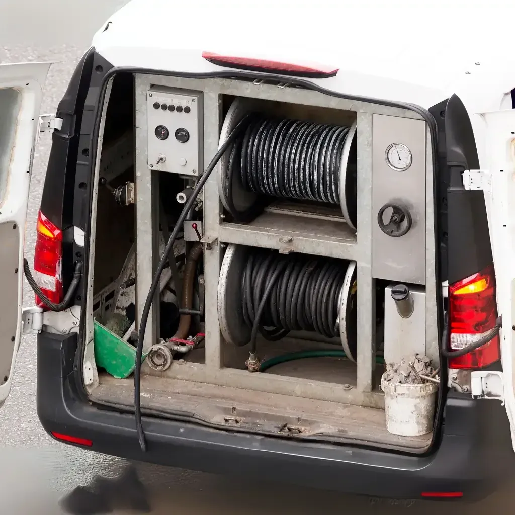 Camioneta de Limpieza de Verticales con el equipo Hidrojet —carretes de manguera y manómetro— listo para intervenir en terreno
