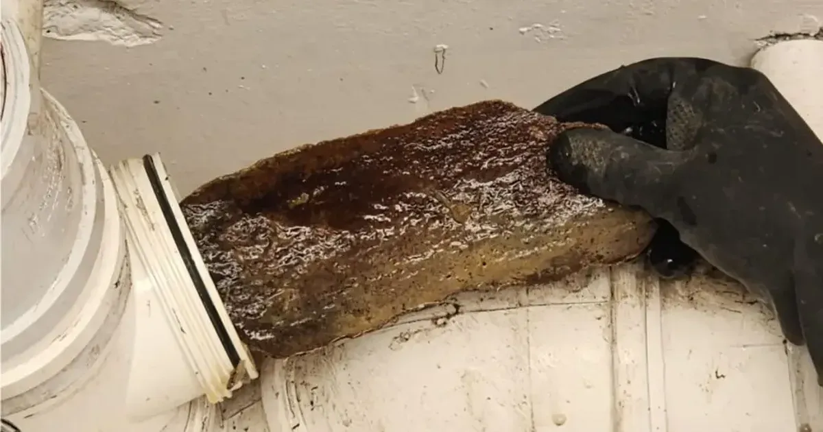 Técnico retirando un tapón de sarro y grasa de una tubería de PVC