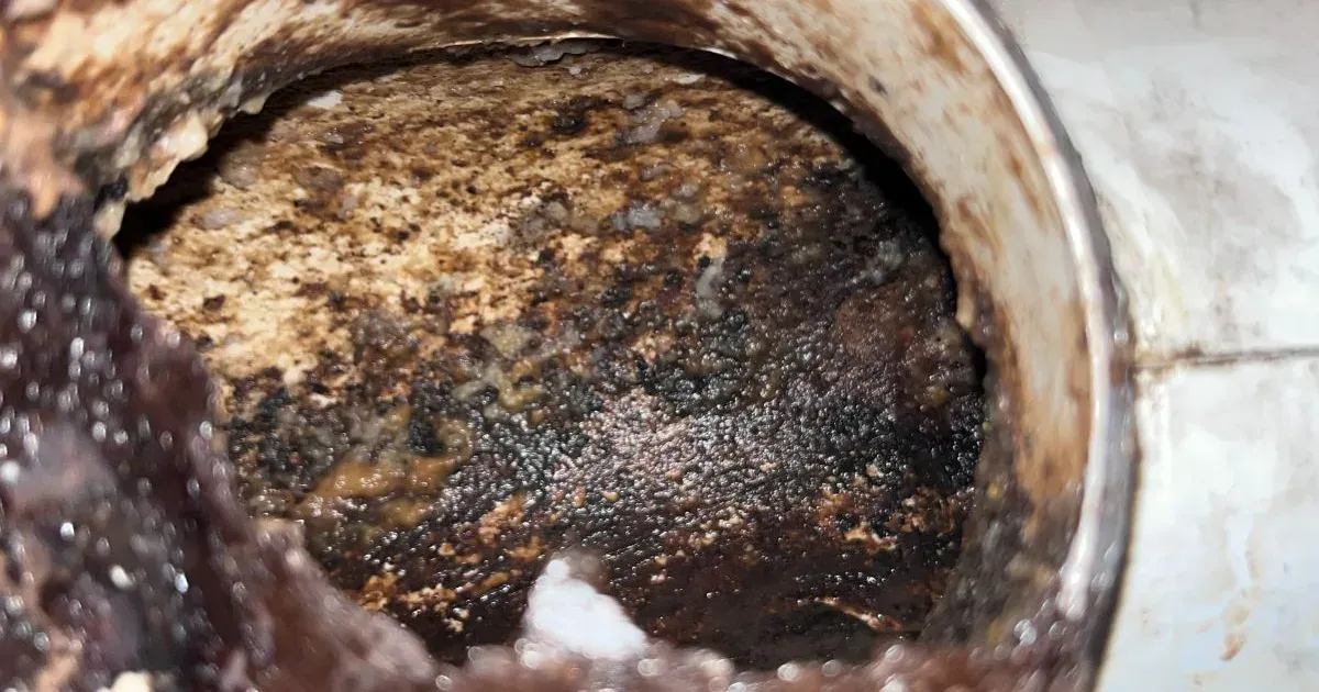 Boca de una tubería vertical severamente incrustada con sarro y grasa