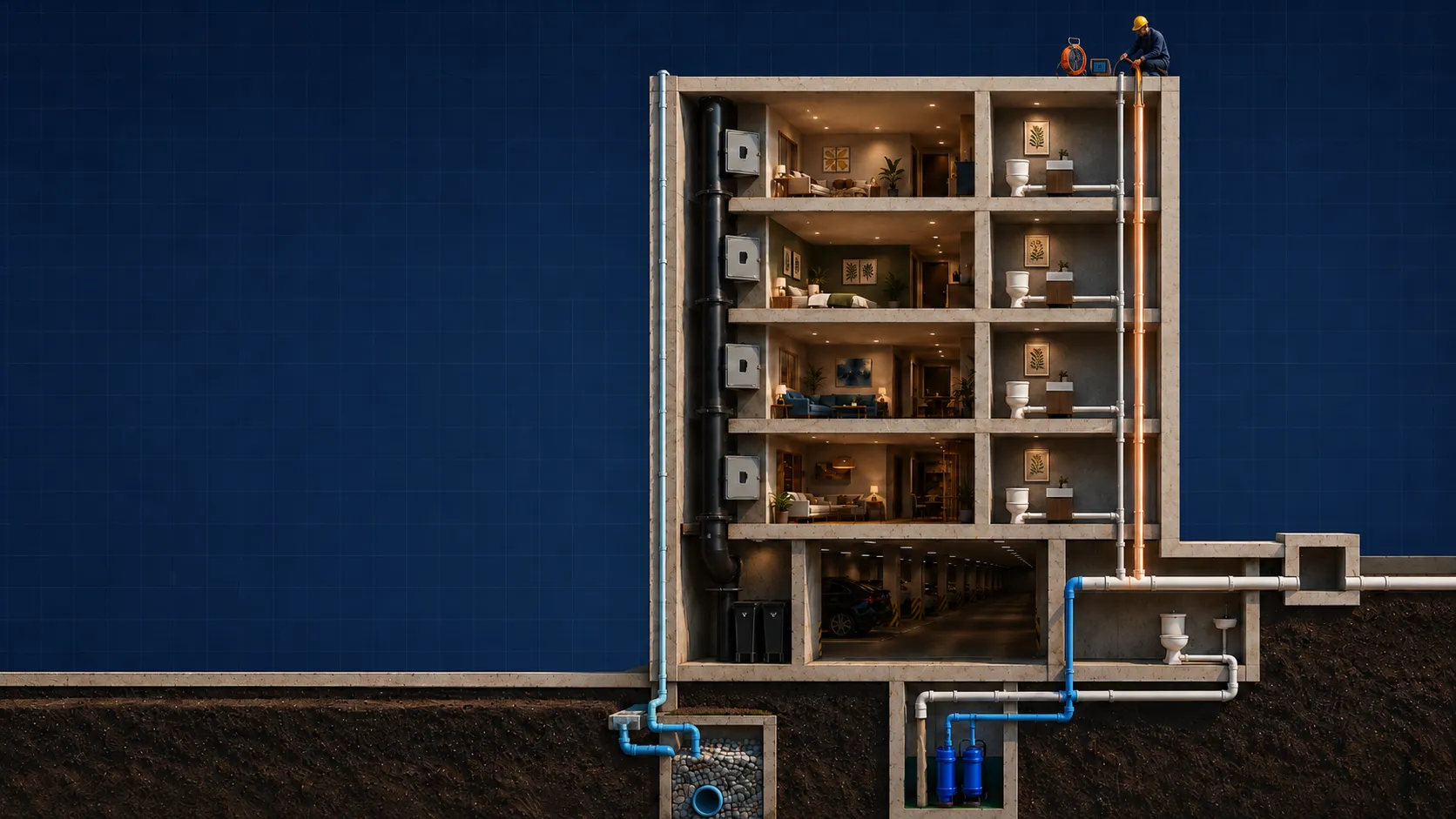 Corte de un edificio mostrando su sistema sanitario: verticales, shaft de basura, aguas lluvia, colector horizontal, planta elevadora de aguas servidas (PEAS) y un técnico inspeccionando con cámara desde la azotea.